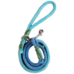 Pet leash customized logo durable anti-slip braided strong blue cotton round rope slip dog lead with brass snap hook