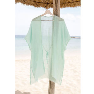 Pareo de Playa con Flecos Verde Esmeralda Transparente, Kaftán con Lazos Delanteros, Cubrebañador, Sarong de Verano, Duradero, con Sensación de Algodón y Bordes Enrollados a Mano - Product Image 3