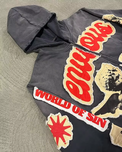 Customize Patch <b>Zip</b> <b>Up</b> <b>Hoodie</b> Fully Letter Print Patch Acid Wash Unisex <b>Hoodie</b> Casualwear DTG Printed Distress <b>Hoodie</b> 2025 - Product Image 4