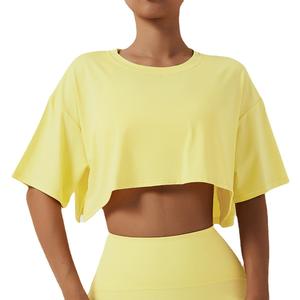 Haut de sport écologique pour femme, t-shirt jaune à col rond, haut de sport polyvalent pour la course à pied, haut court tendance, coupe ample - Product Image 1
