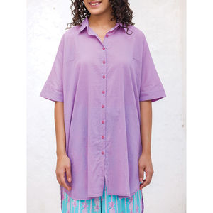 เสื้อเชิ้ตผ้าฝ้ายโมกราทรงโอเวอร์ไซส์ลำลองสีพื้นคอปกพับได้ - Product Image 2