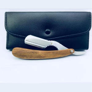 Manche en bois hommes rasoir en acier inoxydable modifiable lame unique barbier pliant rasage rasoir outil avec pochette en cuir Pu noir - Product Image 4