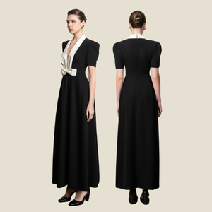 Intemporel et luxueux La robe longue Akina présente une silhouette féminine avec des manches bouffantes et un look de col audacieux - Product Image 1