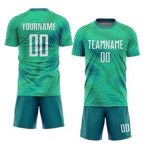 Custom football kit <b>mens</b> breathable quick dry <b>green</b> jersey and <b>shorts</b> set with wave pattern training uniform lightweight - Product Image 1