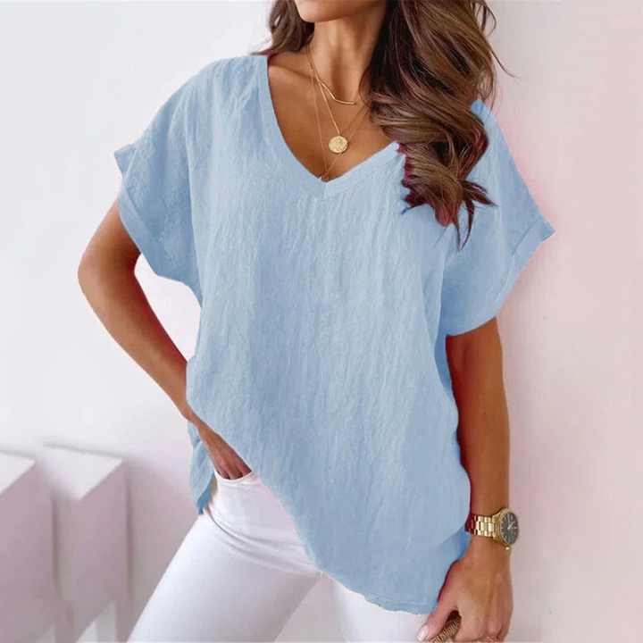 Women's Summer White Performance Cotton V-Neck T-Shirt Solid Color Short Sleeve Light Loose Fit Long Length Printed Pattern