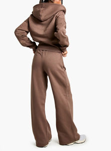 OEM/ODM 100% Cotton Women's Solid Tracksuit Full <b>Zip</b> Crop Hoodie Flared <b>Trouser</b> Set Custom Silk Screen Printed Logo Fleece - Product Image 4