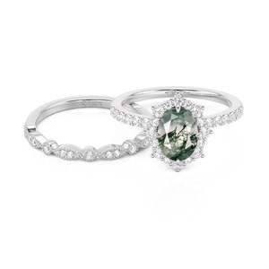 Ensemble de bagues de mariage Jeulia en argent sterling avec agate mousse taille ovale et halo - Product Image 2