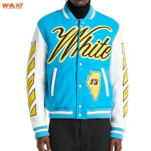 Venta al por mayor Hombres/mujeres chaqueta Varsity por encargo chaquetas Varsity de cuero real con el cuerpo de lana azul cielo chaqueta Varsity - Product Image 1