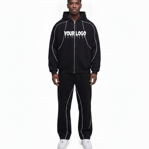 Ensemble sweat à capuche et pantalon de survêtement 2 pièces pour homme, coupe lourde, coupe-vent, 100% coton, style vintage hiver, ourlet fendu, boucle en tissu éponge, cordon de serrage - Product Image 1