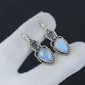 Pendientes de piedra lunar arcoíris de pera hechos a mano, joyería colgante de plata de ley 925, regalo elegante para mujeres, diseño bohemio - Product Image 5