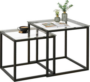Set of 2 Modern Black Glass Coffee <b>Tables</b> <b>Metal</b> Frame <b>Nesting</b> Side & End <b>Tables</b> for Living Room, Bedroom - Product Image 4
