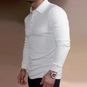 Camiseta Polo para Hombre, de Lujo, Estilo Ejecutivo, Ajustada, de Color Sólido, Informal, con Solapa, Manga Larga - Product Image 3