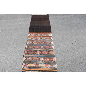 Kilim <b>Brown</b> <b>Wool</b> Rug 2.2 X 7.8 ft Handmade Turkish Flat Weave Jacquard Technique Plush Patchwork for Hallway Rectangle Latex - Product Image 1