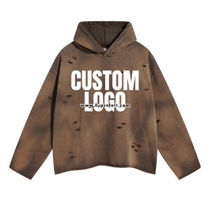 Sudadera con capucha rasgada lavada con ácido personalizada-Sudadera de gran tamaño desgastada para hombres y mujeres básicos mezcla de algodón - Product Image 4