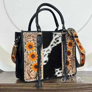 Bolso de mano de girasol de cuero de vaca genuino de gran capacidad, bolso de mano oculto, bolso de mano tallado occidental, bolso de oficina para ordenador portátil - Product Image 1
