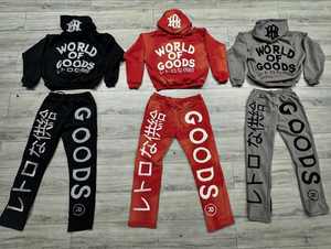 Design personnalisé vêtements de rue 500gsm poids lourd en détresse hommes survêtement patchwork pantalon de survêtement évasé et ensemble de sweat à capuche - Product Image 6