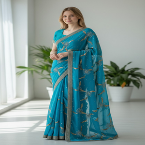 Sari Indio Elegante y Moderno de Chifón con Bordado y Cuentas para Fiestas, Súper Ventas 2026 - Product Image 1