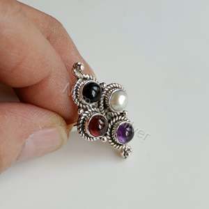 Women's Handmade <b>Statement</b> <b>Ring</b> in Sterling Silver with Garnet Amethyst Pearl Black Onyx Multi-Gemstone for Party - Product Image 4
