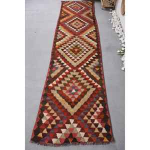 Tapis en laine Kilim Vintage grande zone Rectangle rouge Patchwork Design 28x108 pieds tapis de jute soutenu en latex pour les adolescents pour le couloir - Product Image 1