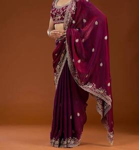 Sari en Chiffon Pur de Designer avec Motif Paon, Broderie de Paillettes Lourde et Blouse - Product Image 3