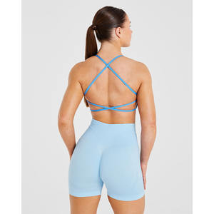 Soutien-gorge de sport à dos croisé bleu d'été personnalisé flatteur décolleté en V à bretelles dans le dos soutien-gorge de sport à impact élevé pour femmes adultes - Product Image 2