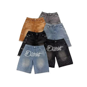 Vente en gros 2025 été tendance respirant High Street Style hommes Denim Shorts soleil délavé partout strass Vintage Denim Shorts - Product Image 2