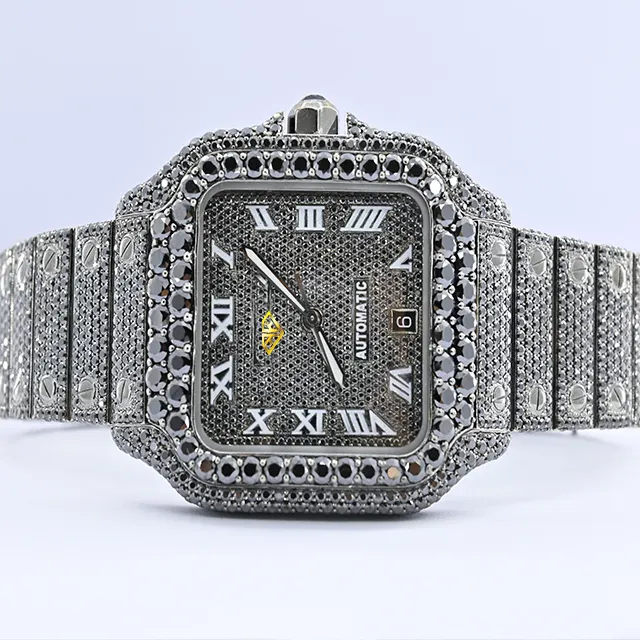 Moissanite Studded IcedOut Watch, Black Moissanite Diamond Watch ,Bling Bling Watch Handmade Setting watch