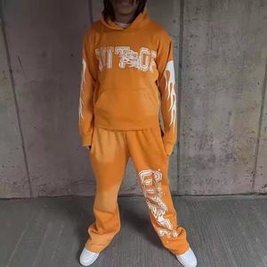 <b>100</b>% Cotton Two Piece Hoodies and Flare Sweat Pant Suit Stacked Joggers Tracksuit Sets Custom Sweatsuits Acid Wash Thick Fleece - Product Image 5