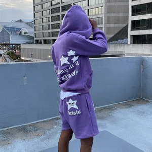 Custom French Terry 3D Puff Printing Cool Colourful <b>Combat</b> Distressed Embroidery Rhinestone Patchwork Hooded Hoodie <b>Shorts</b> Track - Product Image 2