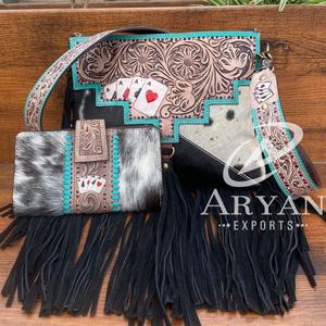 Bolso de piel de vaca hecho a mano, bandolera con flecos occidentales, monedero de ases, conjuntos de cartera plegable turquesa de cuero - Product Image 1