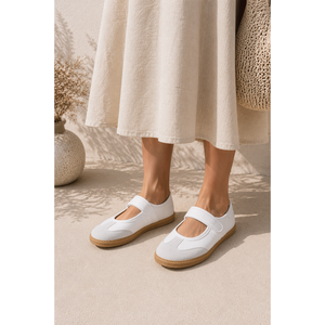 Ballerines Mary Jane blanches confortables en cuir véritable antidérapantes avec semelle intérieure en cuir véritable, bout fermé et fermeture Velcro pour l'automne, le sport et l'usage quotidien - Product Image 2