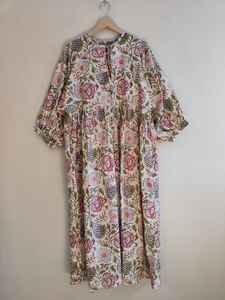 Robe maxi décontractée à manches longues et col en V, imprimé floral en coton, imprimé à la main, tenue d'été pour femmes, robe de vacances en solde - Product Image 6
