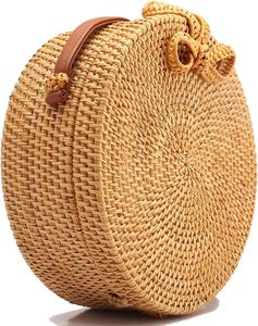 Sac à bandoulière rond en rotin tressé avec décoration en nœud, style bohème, sac à main léger pour femme, sac de plage - Product Image 5