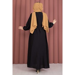 Robe de soirée noire coupe trapèze avec cape et ceinture, style modeste, coupe confortable, ornée de sequins et de perles, taille XL, longueur ras du sol - Product Image 6