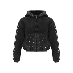 Sudadera con capucha con cremallera para hombre desgastada con lavado ácido 100% algodón ligero estilo Vintage ropa de calle de gran tamaño con diseño de diamantes de imitación - Product Image 2