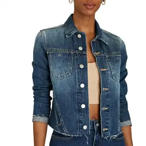 Veste en jean personnalisée pour femmes à la mode Veste en jean vintage délavée à manches longues pour dames - Product Image 3