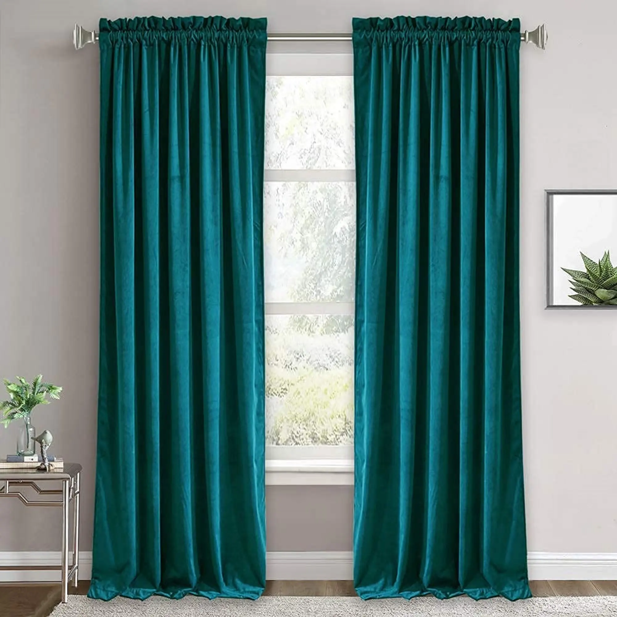 Super Soft Heavy Velvet Blackout Curtain Drapes Panel Rod Pocket Dark Emerald Green Window Curtains for Living Room