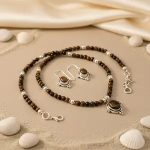 Ensemble de bijoux en argent 925, collier et boucles d'oreilles en perles d'œil de tigre, cristal de strass avec perle plaqué or pour une fête ou un cadeau - Product Image 2