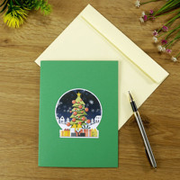 Tarjeta de felicitación navideña 3D con diseño de Papá Noel en trineo y árbol de Navidad