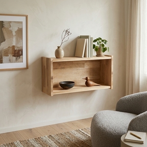 Meuble mural en bois massif avec étagère flottante et vitrine ouverte, unité de rangement pour salon - Product Image 5
