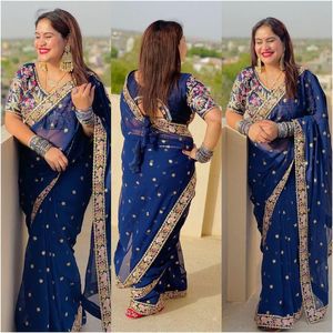 Boutique indienne Georgette tissu Sari pour Festival porter avec broderie Butti travail fantaisie exclusif Blouse la plupart des femmes fille - Product Image 1