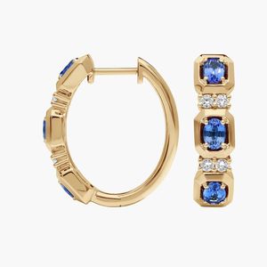 Boucles d'oreilles créoles de luxe en or jaune avec saphirs bleus et diamants, boucles d'oreilles géométriques à 3 pierres de saphir pour femme - Product Image 2