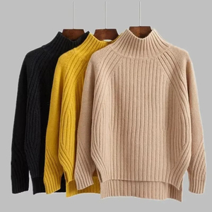 <b>Mustard</b> Yellow Ribbed Mock Neck Sweater <b>Women's</b> Winter 2025 Trend High-Low Knitted <b>Jumper</b> Warm <b>Women</b> Sweaters - Product Image 5