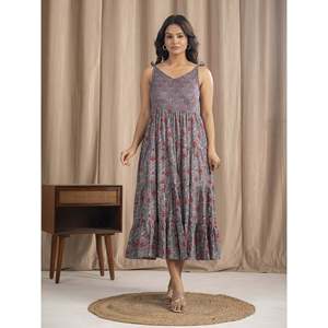 เดรสผ้าฝ้ายมัลมัลสีเทา สายผูกไหล่ พิมพ์ลายบล็อกด้วยมือ สไตล์ลำลอง เอวธรรมชาติ ระบายอากาศได้ดี - Product Image 3