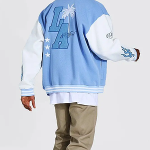 Veste universitaire bleu clair personnalisée OEM pour hommes avec logo brodé en chenille col montant manches en cuir pour l'hiver - Product Image 5