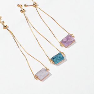 Green Druzy Rectangle <b>Gemstone</b> <b>Bracelet</b> - 10x14 MM Stone Adjustable Chain <b>Bracelet</b> - Gold Electroplated <b>Bracelet</b> Jewelry - Product Image 2