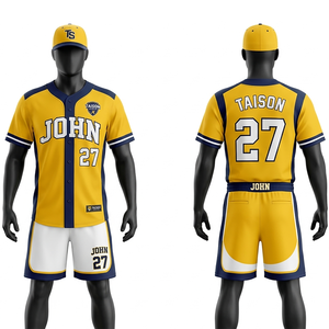 Maillot de softball en polyester premium 160 GSM, jaune et bleu marine, design à empiècements, boutons sur le devant, logo personnalisé en twill. - Product Image 1