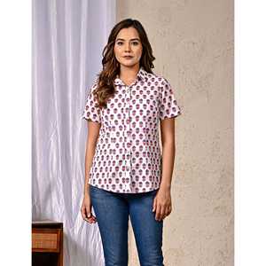 Camisa Blanca de Algodón Estampada de Manga Larga para Mujer, Estampado Floral, Corte Holgado, Apta para Oficina, con Decoración de Logotipo, Tallas XL - Product Image 1