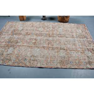 Alfombra turca vintage de 6,4x8,2 pies, tejido plano de lana beige naranja con patrón de retazos para decoración de sala de estar, uso en pasillo - Product Image 3