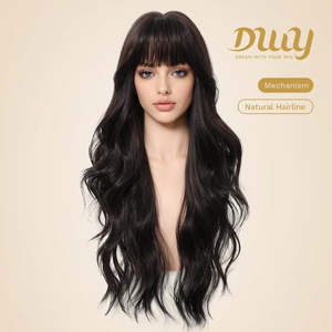 Noelle-DWY 26 Inches Free Part Synthetic <b>Wig</b> for Women Machine Made Long Layer Wave Tea Black Glueless Transparent Lace Bangs - Product Image 2
